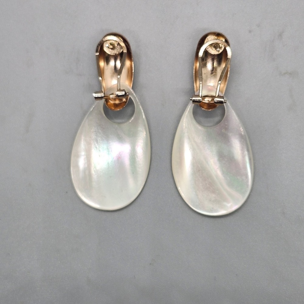 Gold Tone Clip On Drop Earrings 1.75" Mother of Pearl Dangle Statement - Picture 3 of 3